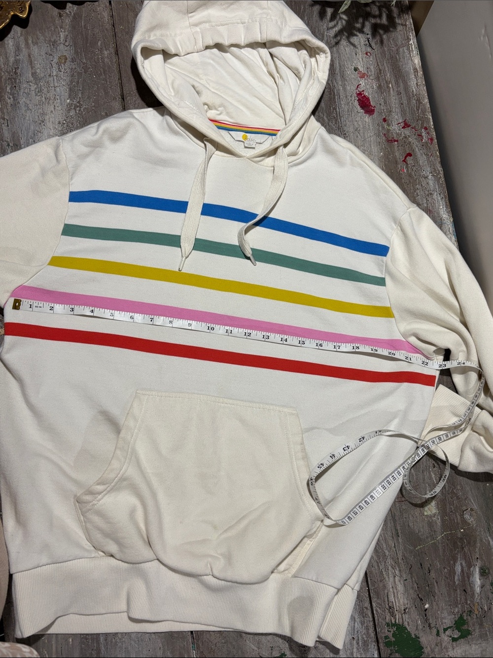 Boden Cream Hoodie with Rainbow Stripe Trim - Picture 6 of 8